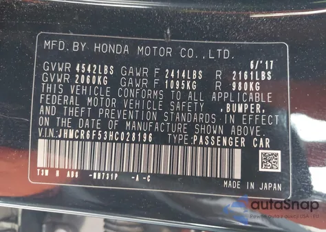 2017 Honda Accord Hybrid Ex-L z USA, uszkodzony, nr VIN JHMCR6F53HC028196